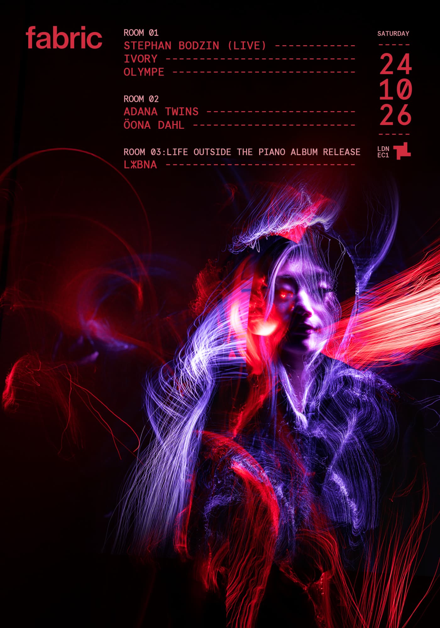 fabric: Stephan Bodzin (Live), Ivory, Olympe, Adana Twins, Öona Dahl, LⵣBNA artwork